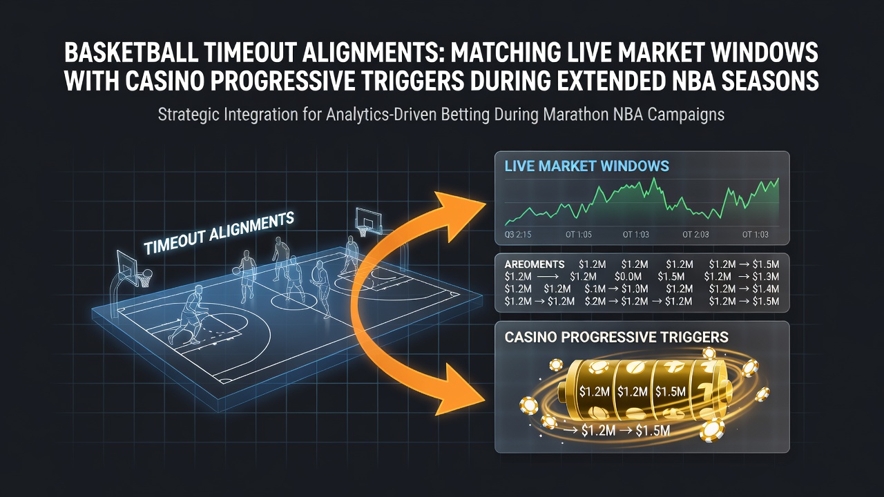 NBA basketball court during a timeout with betting market indicators and casino progressive displays overlaid
