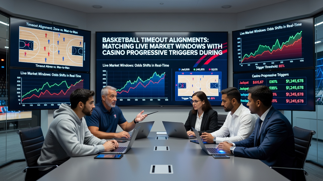 Split screen showing basketball timeout huddle alongside casino slot progressive jackpot meter climbing during an NBA game