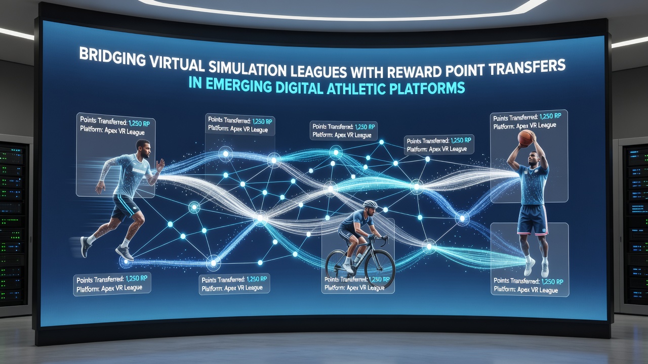 Dashboard interface showing reward point balances moving between virtual soccer and basketball simulation leagues on a connected digital athletic platform