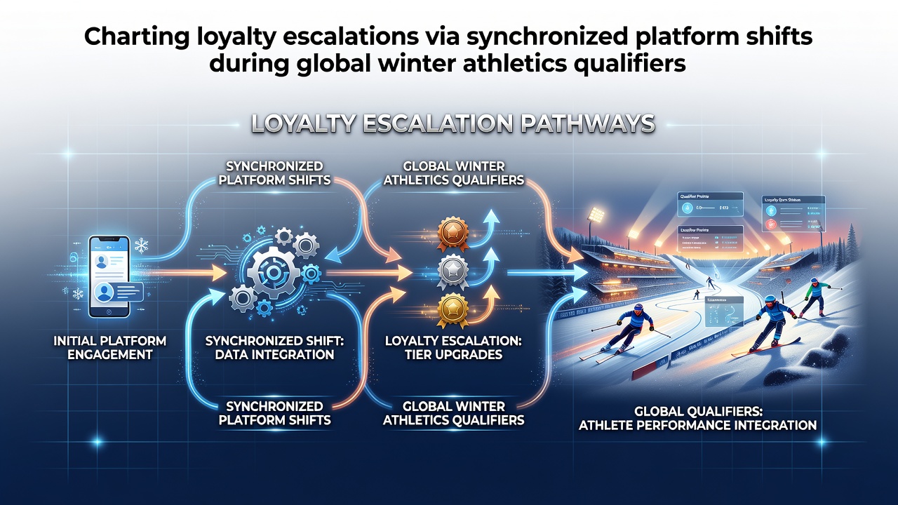 Global winter athletics qualifiers with athletes competing in ski events alongside digital platform interfaces showing loyalty point tracking