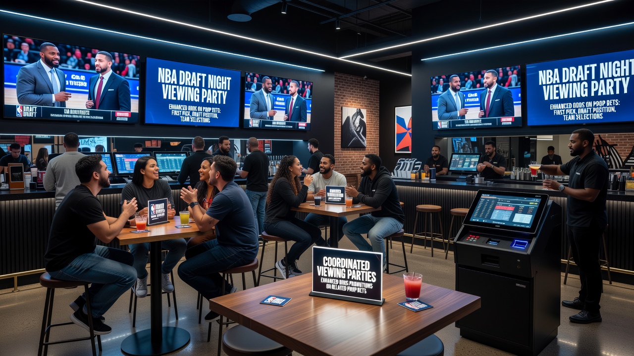 Group of fans at an NBA draft viewing party checking prop bet odds on tablets and phones