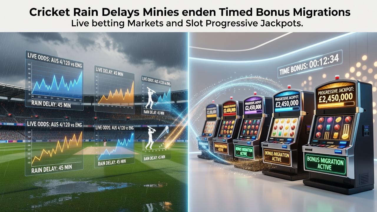 Cricket match under rain delay with betting markets paused and casino slots visible in background overlay