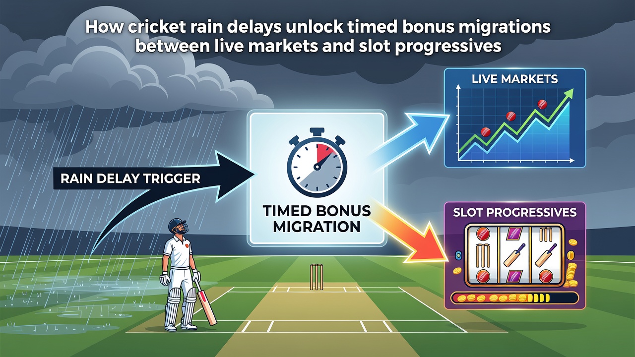 Split screen showing paused cricket scoreboard on left and rising progressive jackpot counter on right
