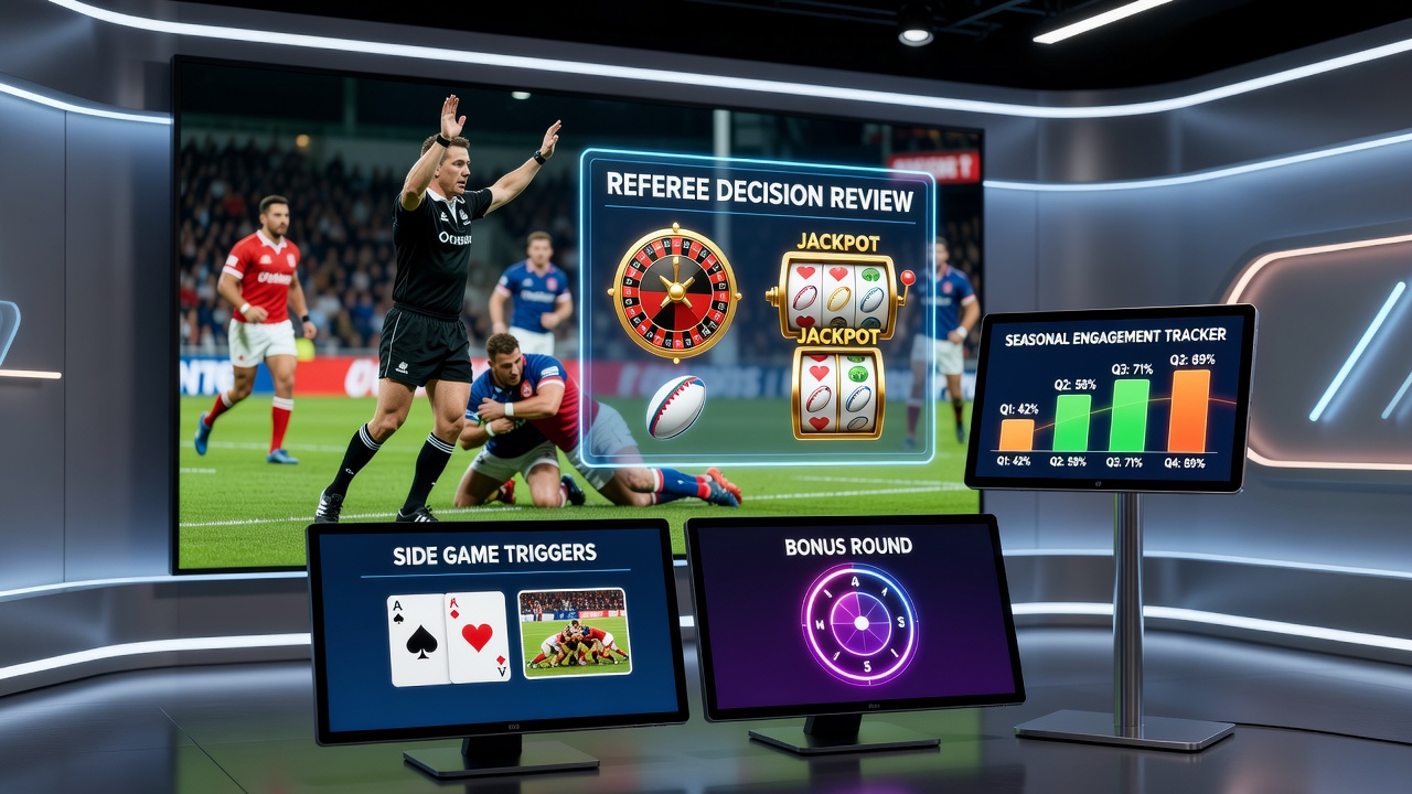 Rugby match scene showing TMO review pause integrated with digital casino side game interface overlay