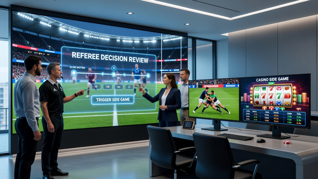 Casino side game interface activating during rugby TMO review with engagement metrics display