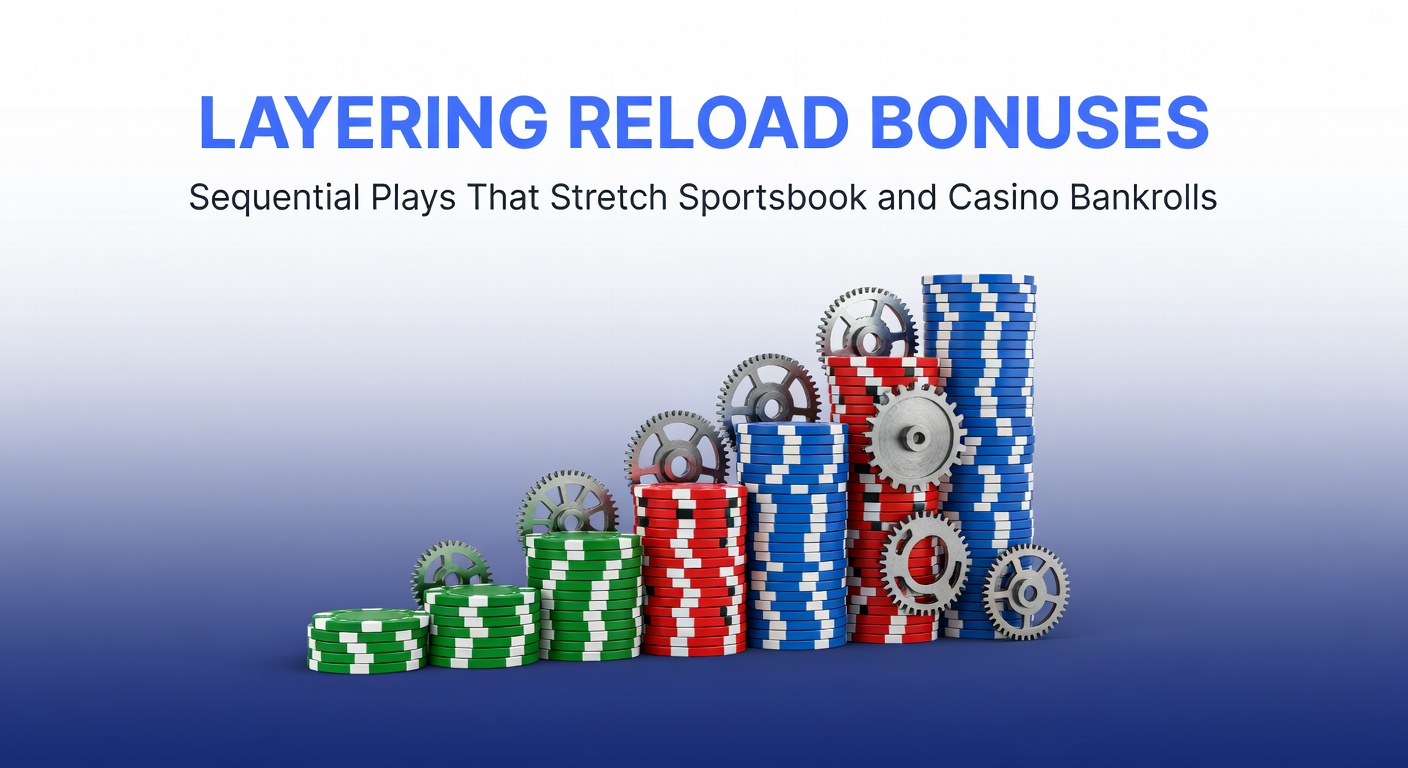 Illustration of layered bonus chips stacking up on a sportsbook betting slip, symbolizing extended bankroll plays across multiple deposits