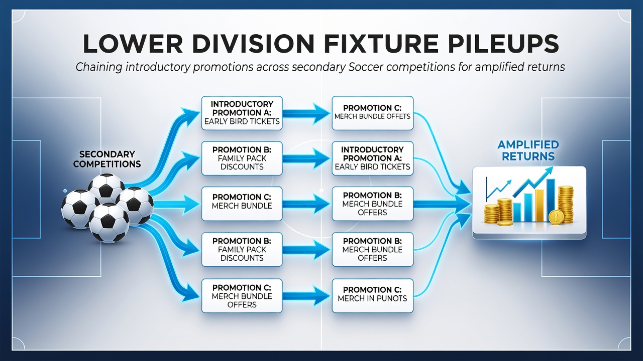 Lower division soccer matches during fixture pileups with promotional overlays