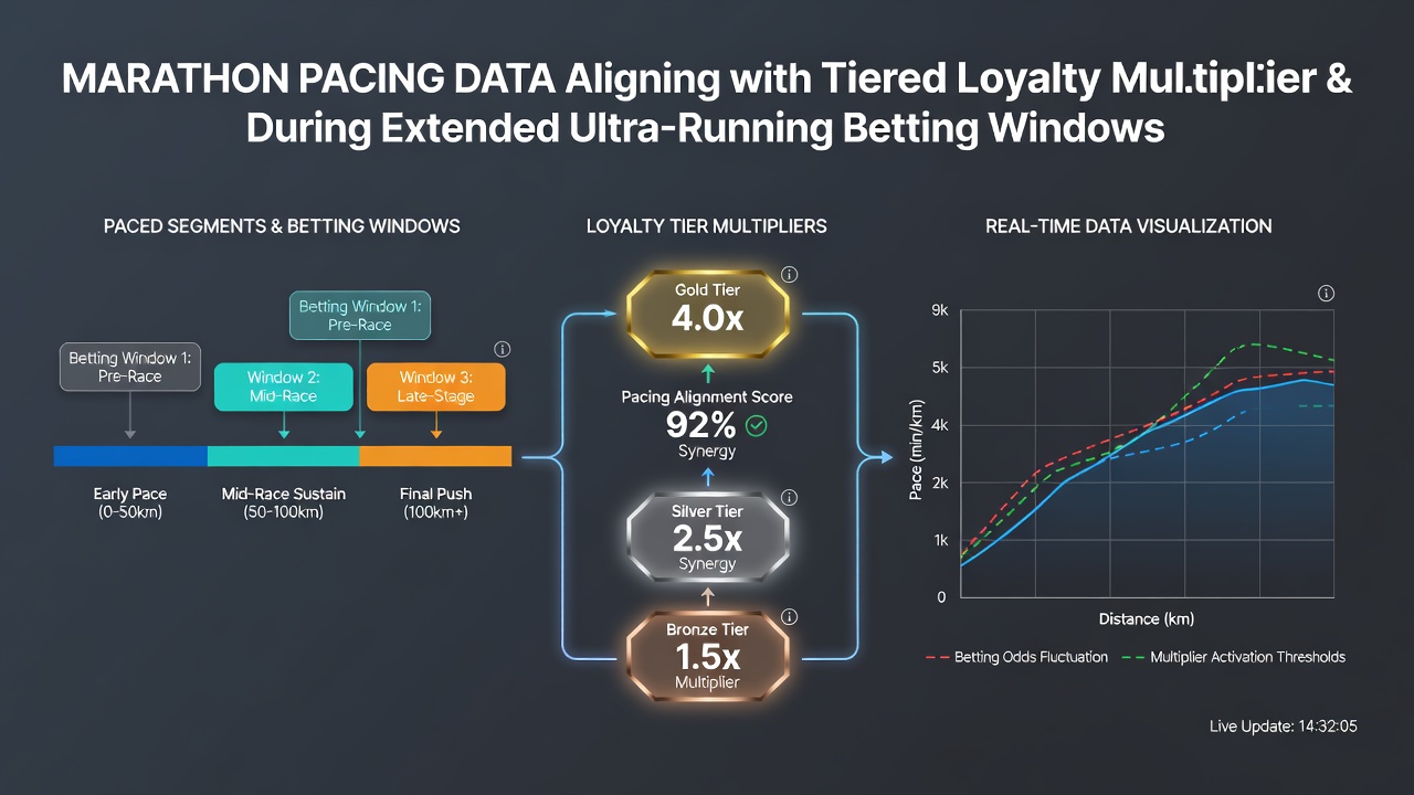 Marathon runners maintaining consistent pacing on a long-distance course with data overlays showing split times