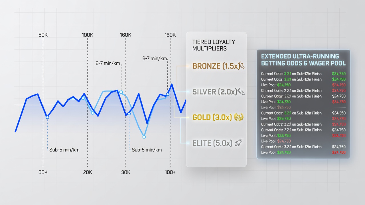 Ultra-running aid station with timing chips and digital displays showing real-time pacing statistics linked to betting analytics