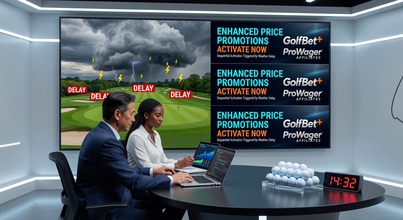 Golf tournament scene with weather delay indicators overlaid on a betting interface showing timed promotions