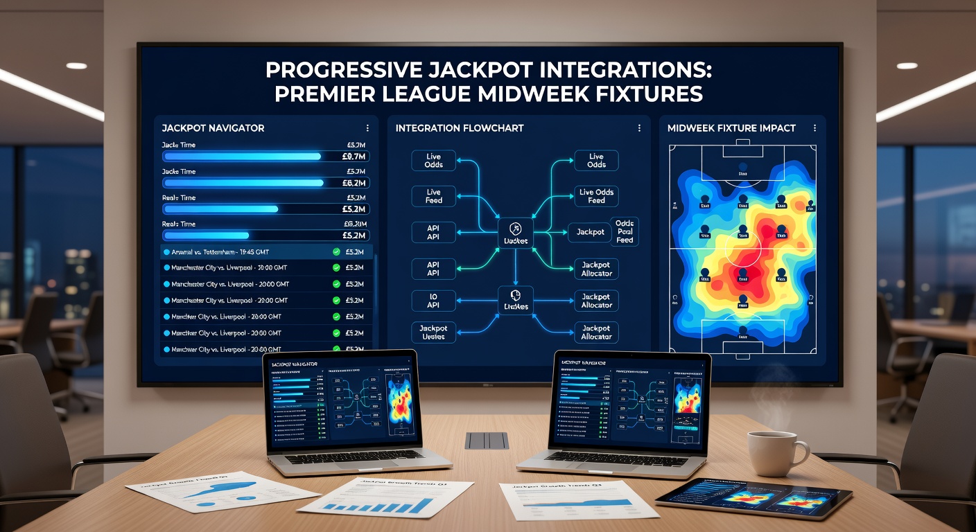 Split-screen view showing Premier League match statistics alongside a growing progressive jackpot meter on a mobile betting app