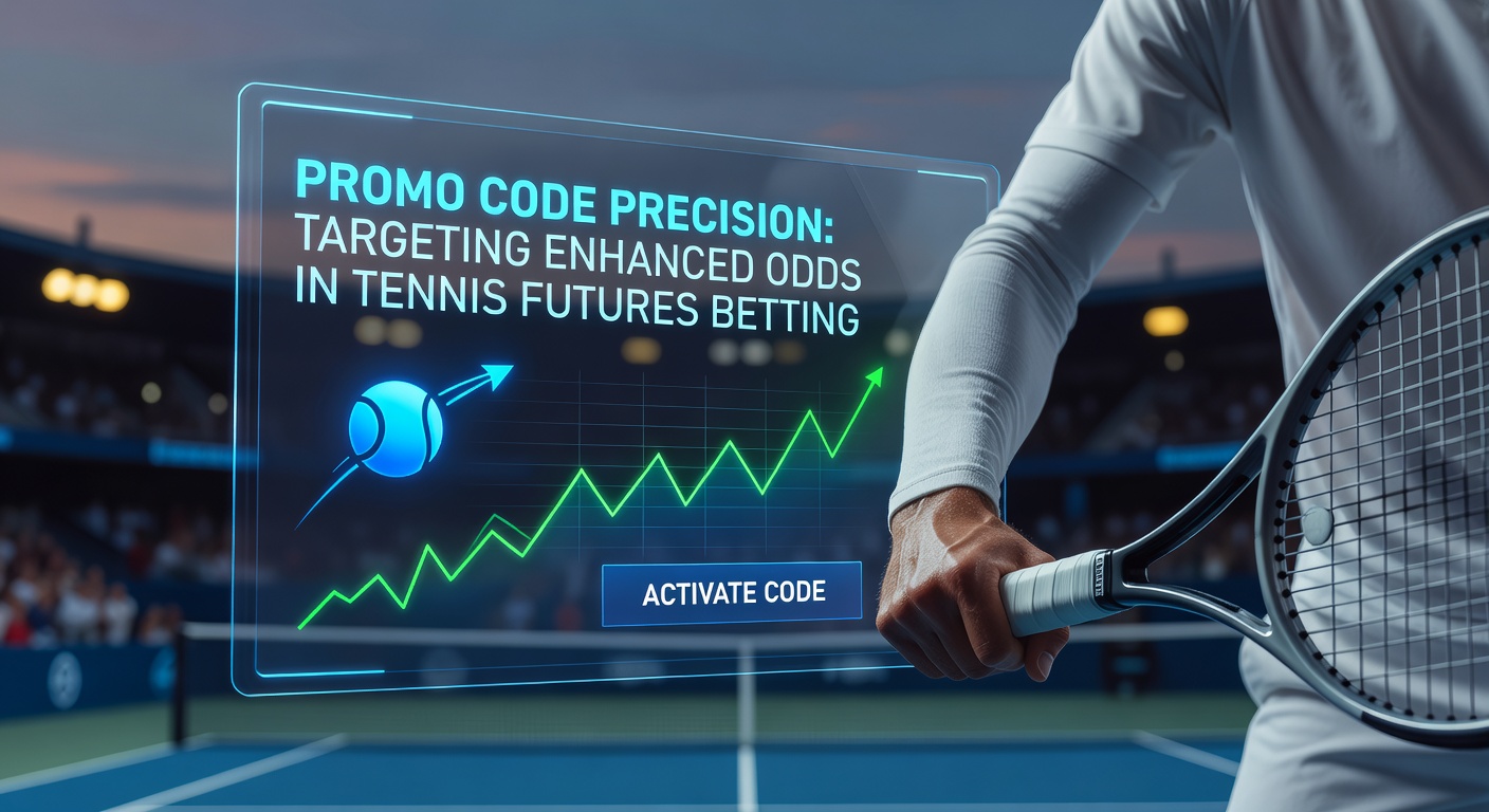 Tennis court action shot with overlaid futures betting odds and promo code graphics highlighting enhanced lines