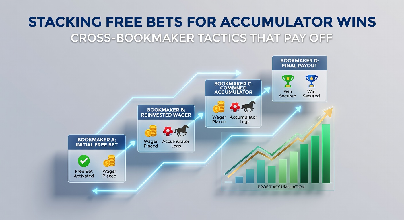 Infographic showing a successful cross-bookmaker accumulator stack with odds breakdown and payout simulation