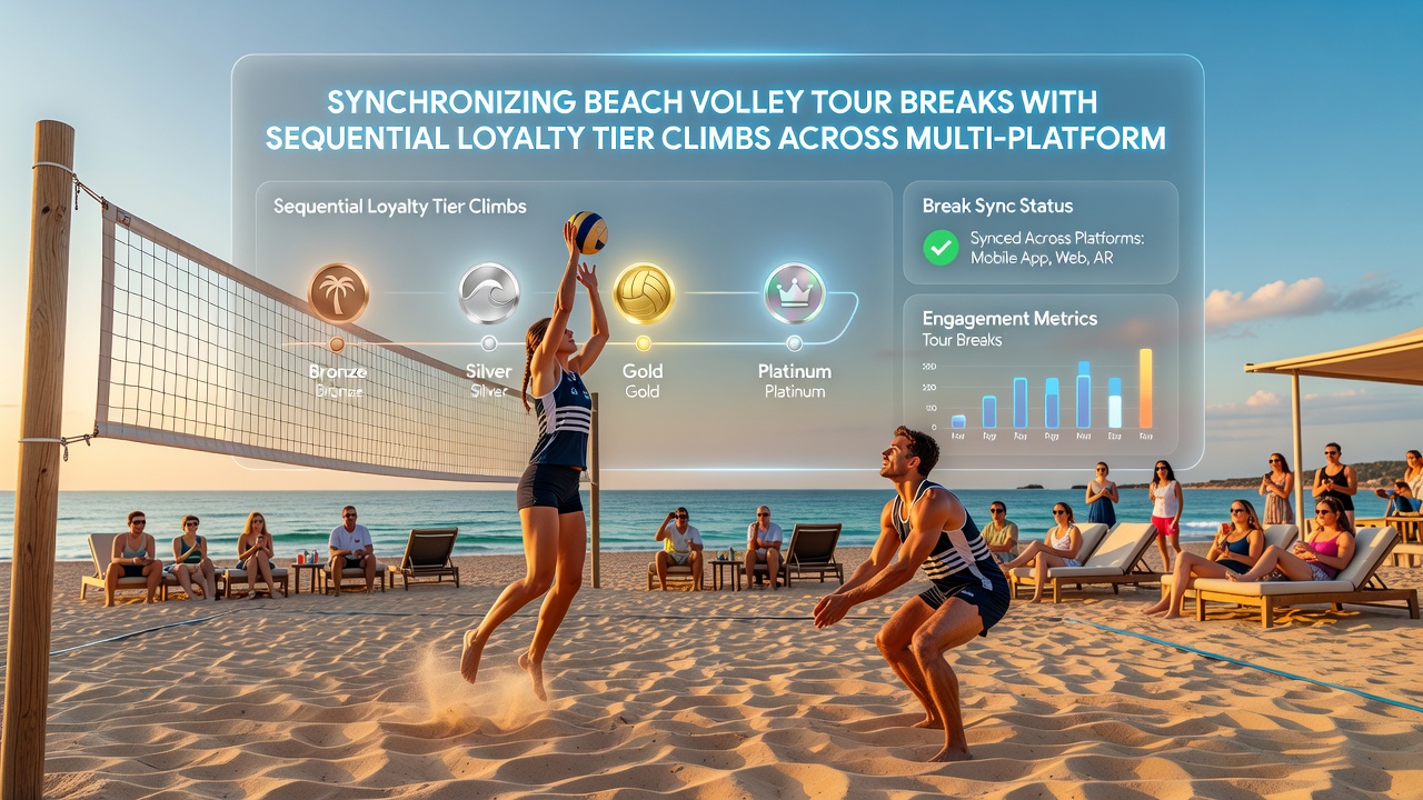 Split screen showing beach volleyball court on one side and layered loyalty tier progress bars on multiple betting platforms on the other