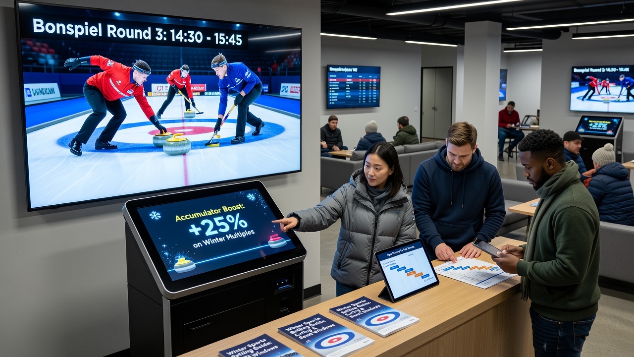 Winter sports betting dashboard showing accumulator options and curling event timelines