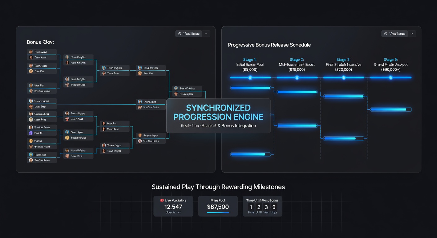 Esports tournament bracket displayed alongside bonus schedule timeline on a betting platform interface