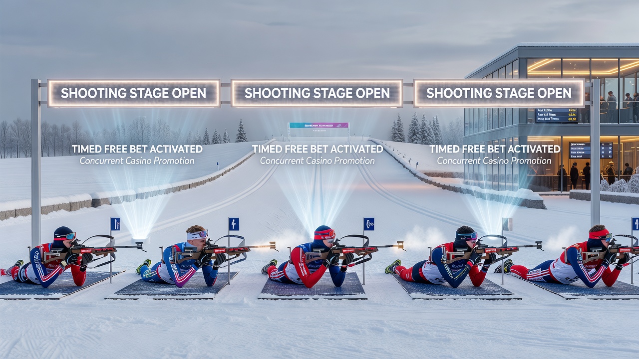 Biathlon athletes at the shooting range during Winter Olympics competition with timing overlays for betting activations