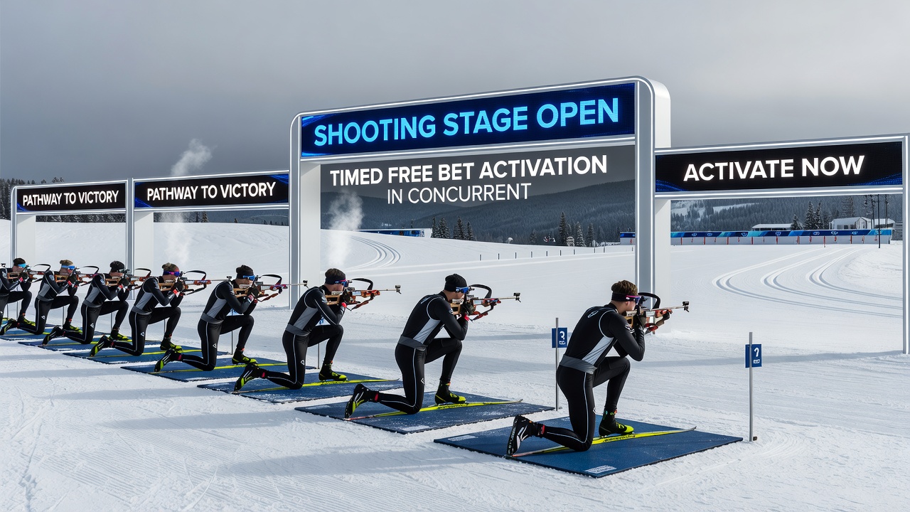 Split screen showing biathlon shooting stage alongside casino slot interface with timed bonus activation